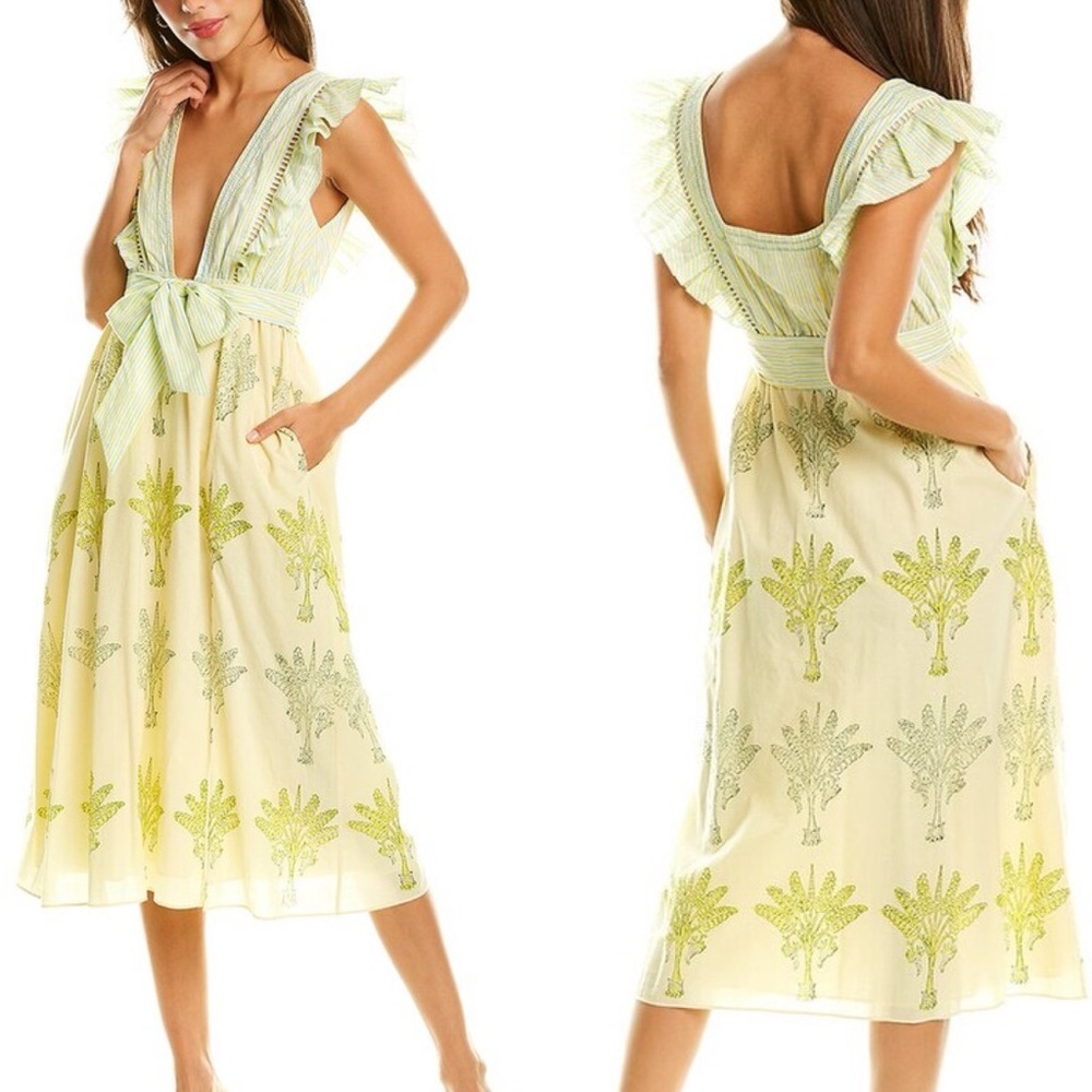 NEW Ash & Eden Yellow Ruffle Santi Midi Dress Cotton Tie Waist Size Small